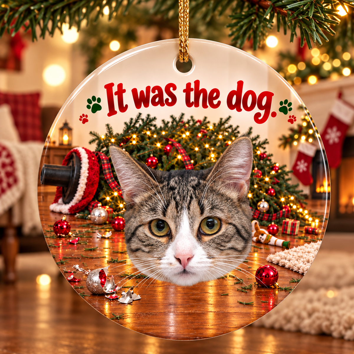 It Was The Dog – Funny Cat Photo Christmas Ceramic Ornament