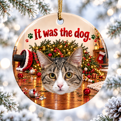 It Was The Dog – Funny Cat Photo Christmas Ceramic Ornament