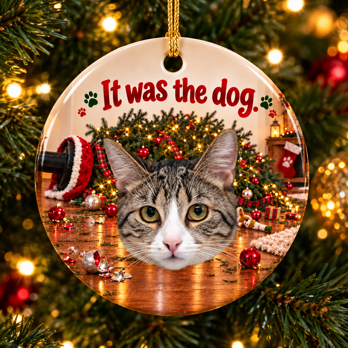 It Was The Dog – Funny Cat Photo Christmas Ceramic Ornament