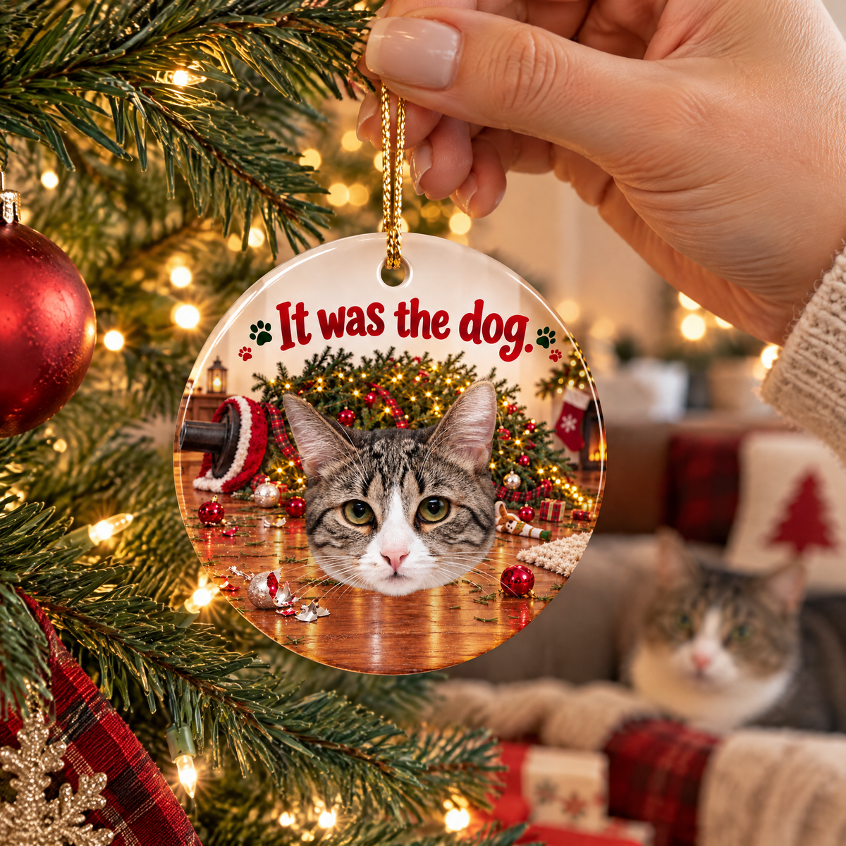 It Was The Dog – Funny Cat Photo Christmas Ceramic Ornament