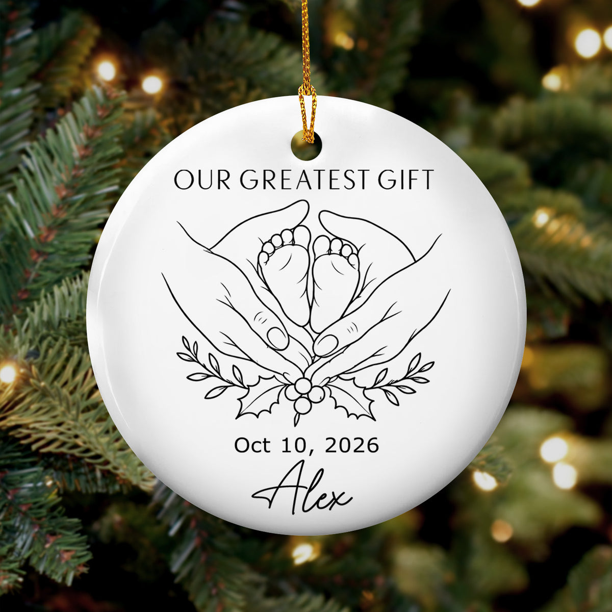 Personalized minimalist line art ornament hanging on a green pine tree with warm lights