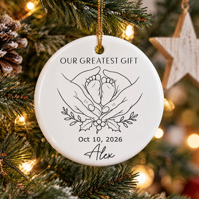 Personalized minimalist line art ornament on a frosted branch near a wooden star and glowing lights