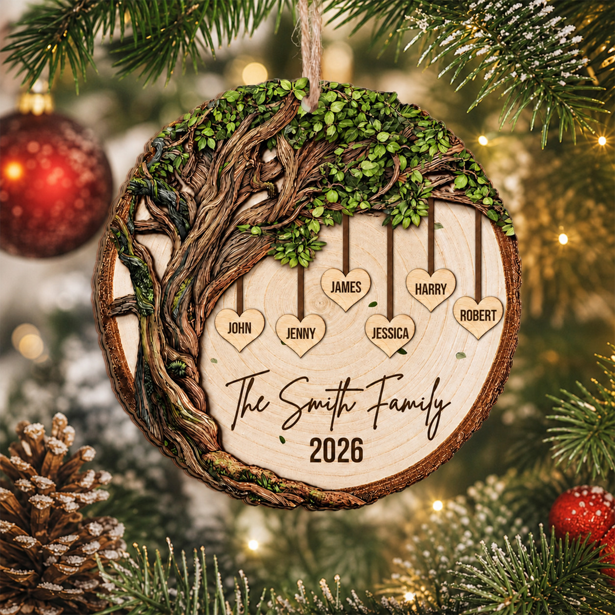 Family Tree - Personalized Wooden Ornament, Custom Family Name Keepsake, Christmas Tree Decoration, Xmas Gifts 2026