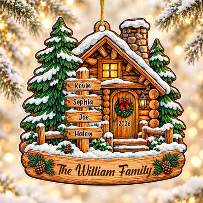 Mountain Cabin Winter - Personalized Acrylic Ornamen, Custom Family Ornament, Cozy Cabin Winter Christmas Gift