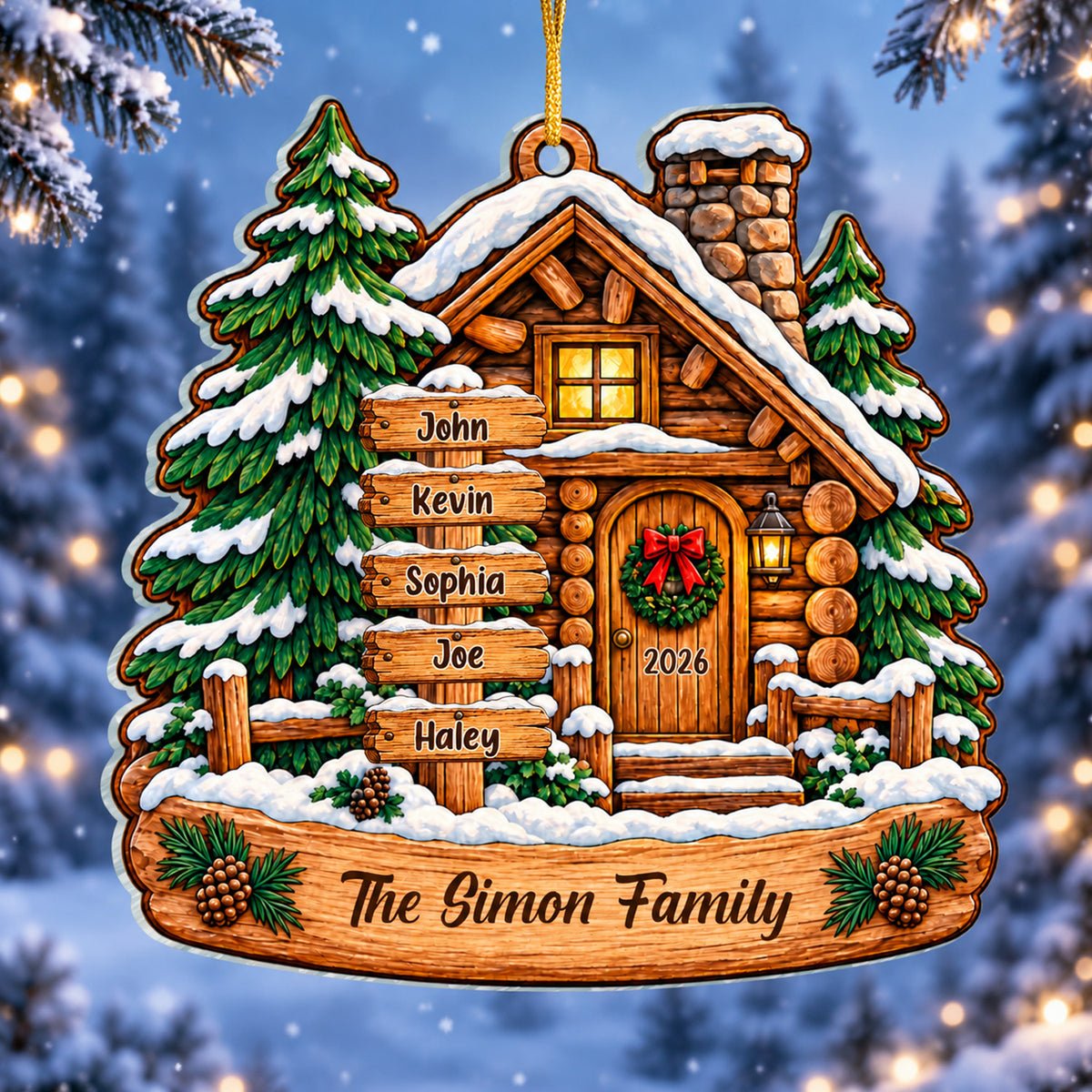 Mountain Cabin Winter - Personalized Acrylic Ornamen, Custom Family Ornament, Cozy Cabin Winter Christmas Gift