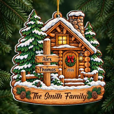 Mountain Cabin Winter - Personalized Acrylic Ornamen, Custom Family Ornament, Cozy Cabin Winter Christmas Gift