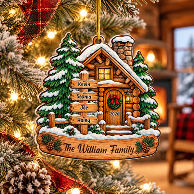 Mountain Cabin Winter - Personalized Acrylic Ornamen, Custom Family Ornament, Cozy Cabin Winter Christmas Gift
