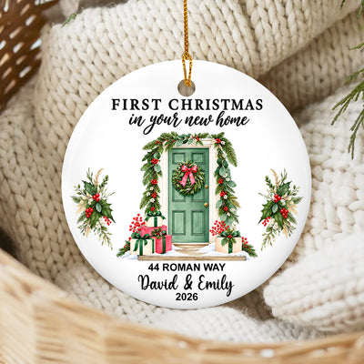 Personalized Christmas Ornament Custom Couple Name resting on cream knit blankets in a woven basket
