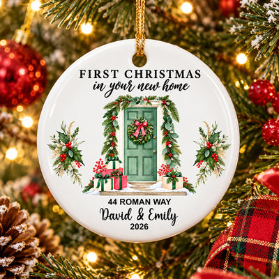 Personalized Christmas Ornament Custom Couple Name hanging on a tree with red baubles, pinecone and plaid ribbon