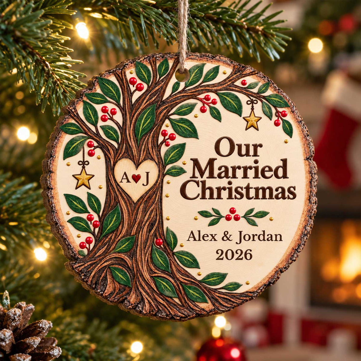 Personalized Wooden Ornament Our Married Christmas hanging on a tree by a fireplace, tree design with heart and initials A J