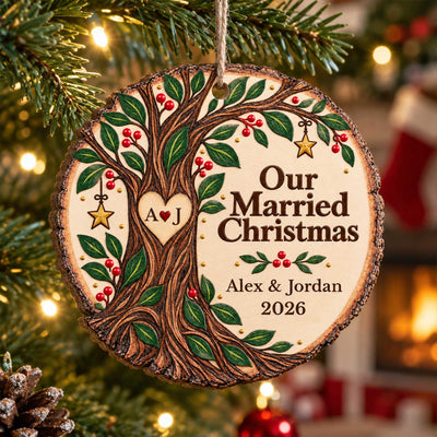 Personalized Wooden Ornament Our Married Christmas hanging on a tree by a fireplace, tree design with heart and initials A J