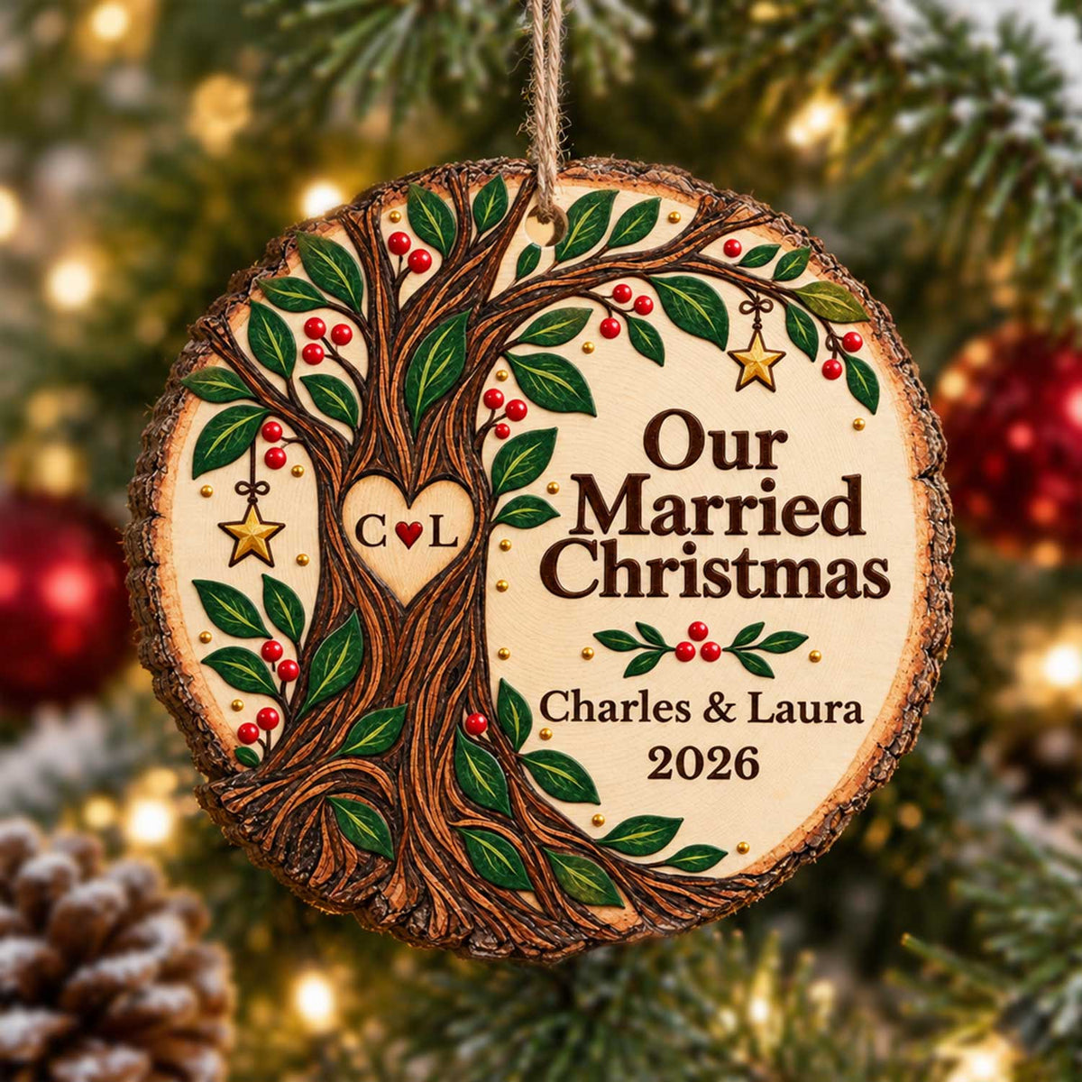 Personalized Wooden Ornament Our Married Christmas hanging among lights and red baubles, with initials C L in the heart