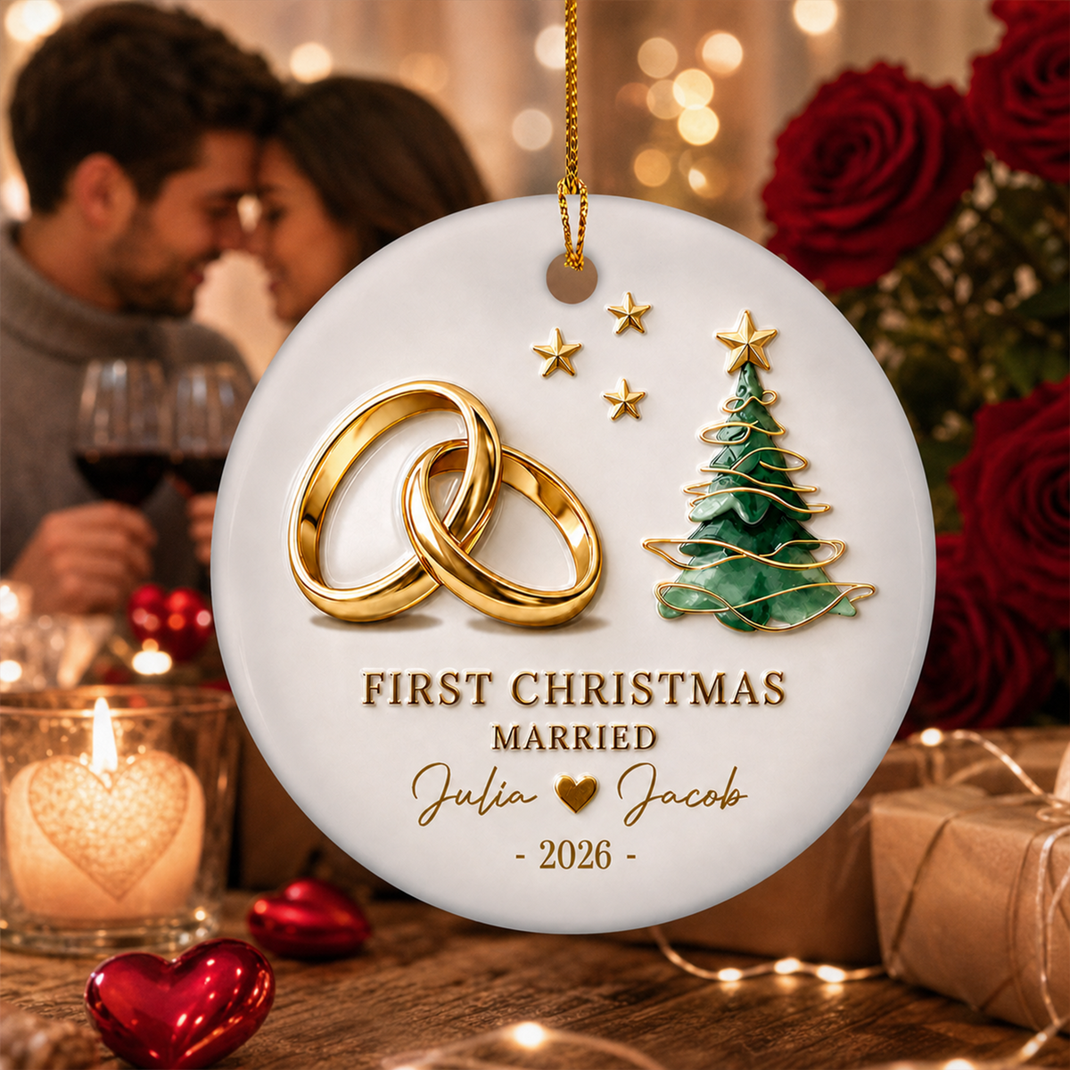 Celebrating The Love That Made Us Family - Personalized Ceramic Ornament, First Christmas Together as Husband &amp; Wife Gift