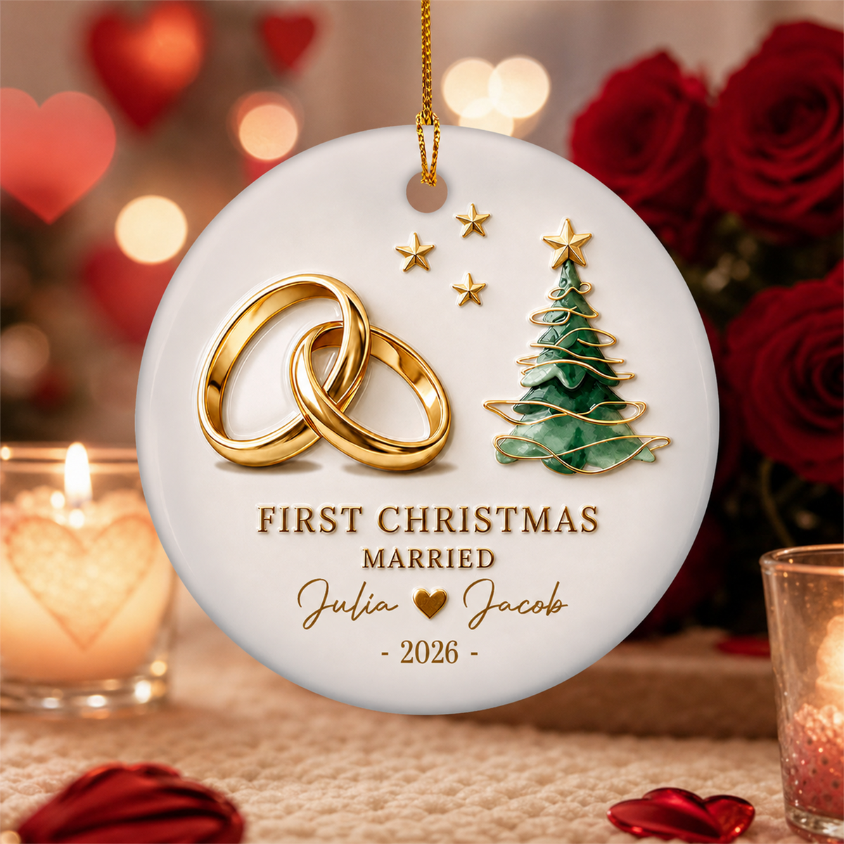 Celebrating The Love That Made Us Family - Personalized Ceramic Ornament, First Christmas Together as Husband &amp; Wife Gift