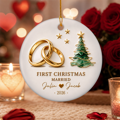 Celebrating The Love That Made Us Family - Personalized Ceramic Ornament, First Christmas Together as Husband & Wife Gift