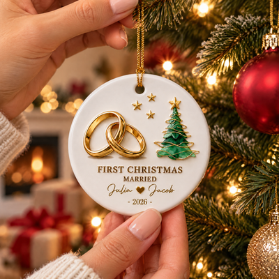 Celebrating The Love That Made Us Family - Personalized Ceramic Ornament, First Christmas Together as Husband & Wife Gift