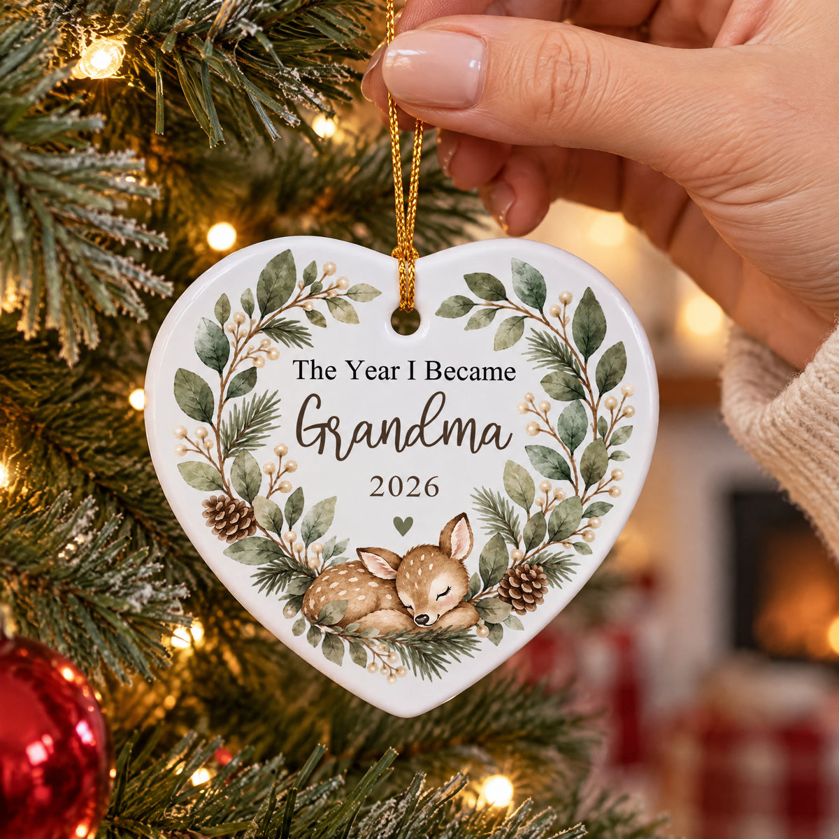 Personalized Ceramic Ornament Grandma Box heart held by gold cord in a hand beside a lit tree