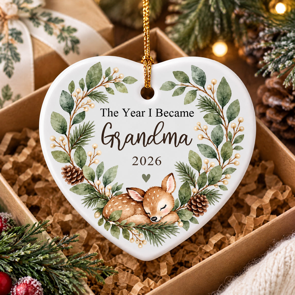 Personalized Ceramic Ornament Grandma Box heart in an open gift box with kraft paper filling and pinecones