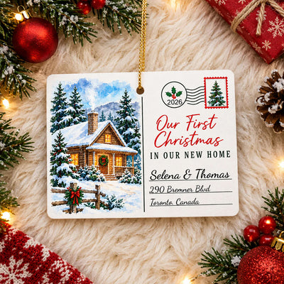 Personalized Rectangular Ceramic Christmas Ornament lying on white faux fur with red baubles, pine and a pinecone