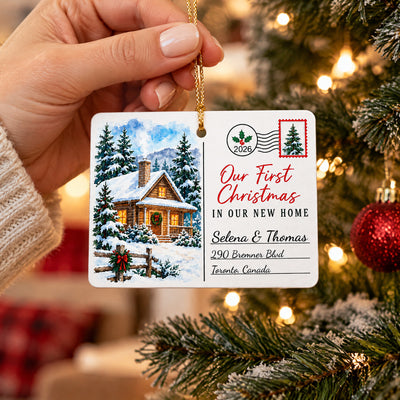 Personalized Rectangular Ceramic Christmas Ornament held in a hand by a snowy tree branch with a red bauble