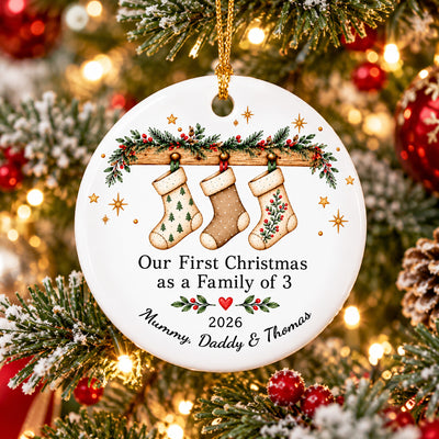 First Christmas as a Family- Personalized Ceramic Ornament,  Family of 3 Ornament, Family of 4 Decoration, Tree Stockings Ornament Gift