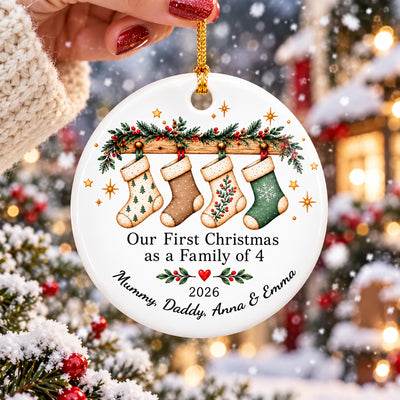 First Christmas as a Family- Personalized Ceramic Ornament,  Family of 3 Ornament, Family of 4 Decoration, Tree Stockings Ornament Gift