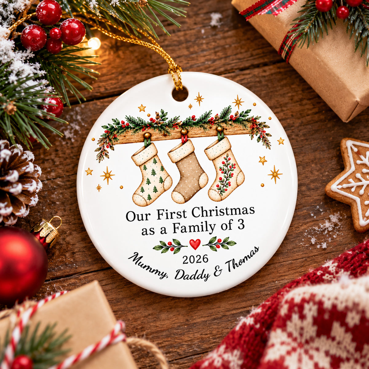 First Christmas as a Family- Personalized Ceramic Ornament,  Family of 3 Ornament, Family of 4 Decoration, Tree Stockings Ornament Gift