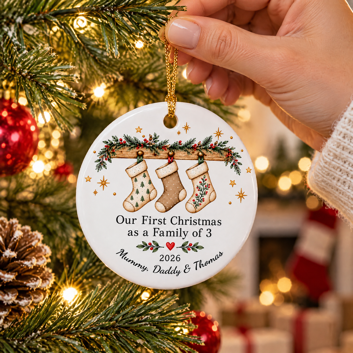 First Christmas as a Family- Personalized Ceramic Ornament,  Family of 3 Ornament, Family of 4 Decoration, Tree Stockings Ornament Gift