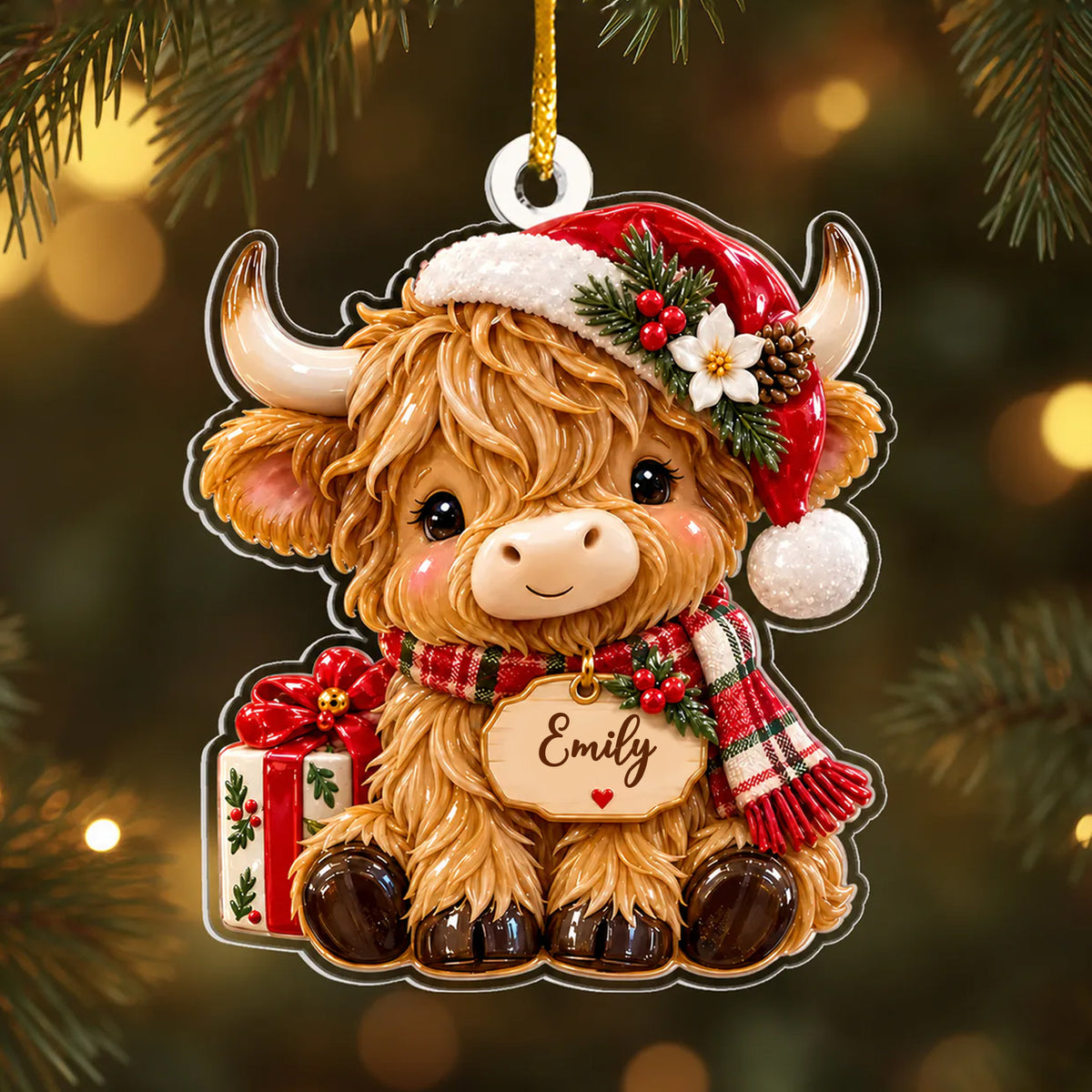 Highland Cow Christmas - Personalized 3D Relief Acrylic Ornament, Cute Cow Xmas Tree Decor Gift, Highland Cow Santa Decor