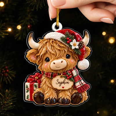 Highland Cow Christmas - Personalized 3D Relief Acrylic Ornament, Cute Cow Xmas Tree Decor Gift, Highland Cow Santa Decor