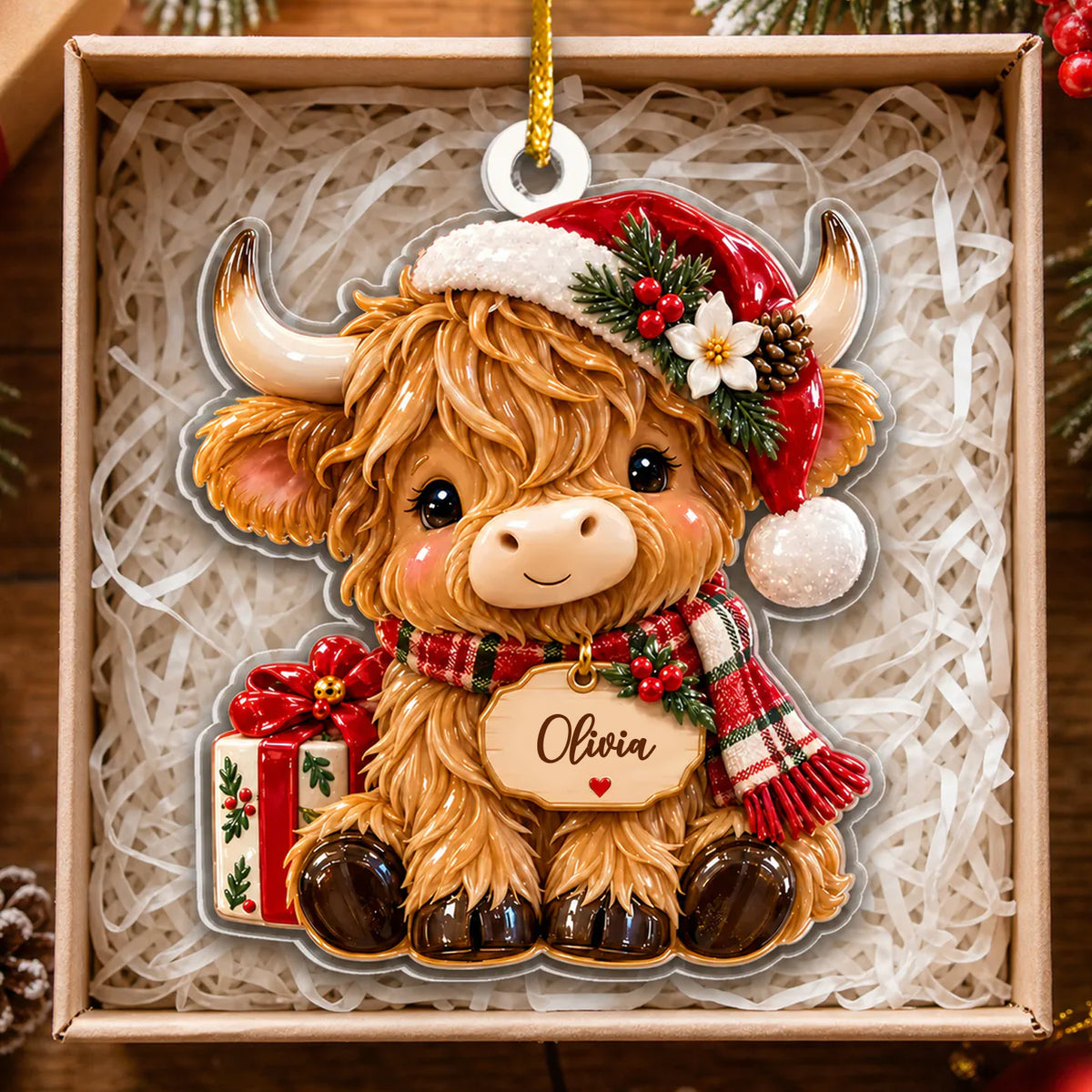 Highland Cow Christmas - Personalized 3D Relief Acrylic Ornament, Cute Cow Xmas Tree Decor Gift, Highland Cow Santa Decor
