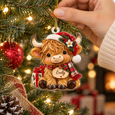 Highland Cow Christmas - Personalized 3D Relief Acrylic Ornament, Cute Cow Xmas Tree Decor Gift, Highland Cow Santa Decor