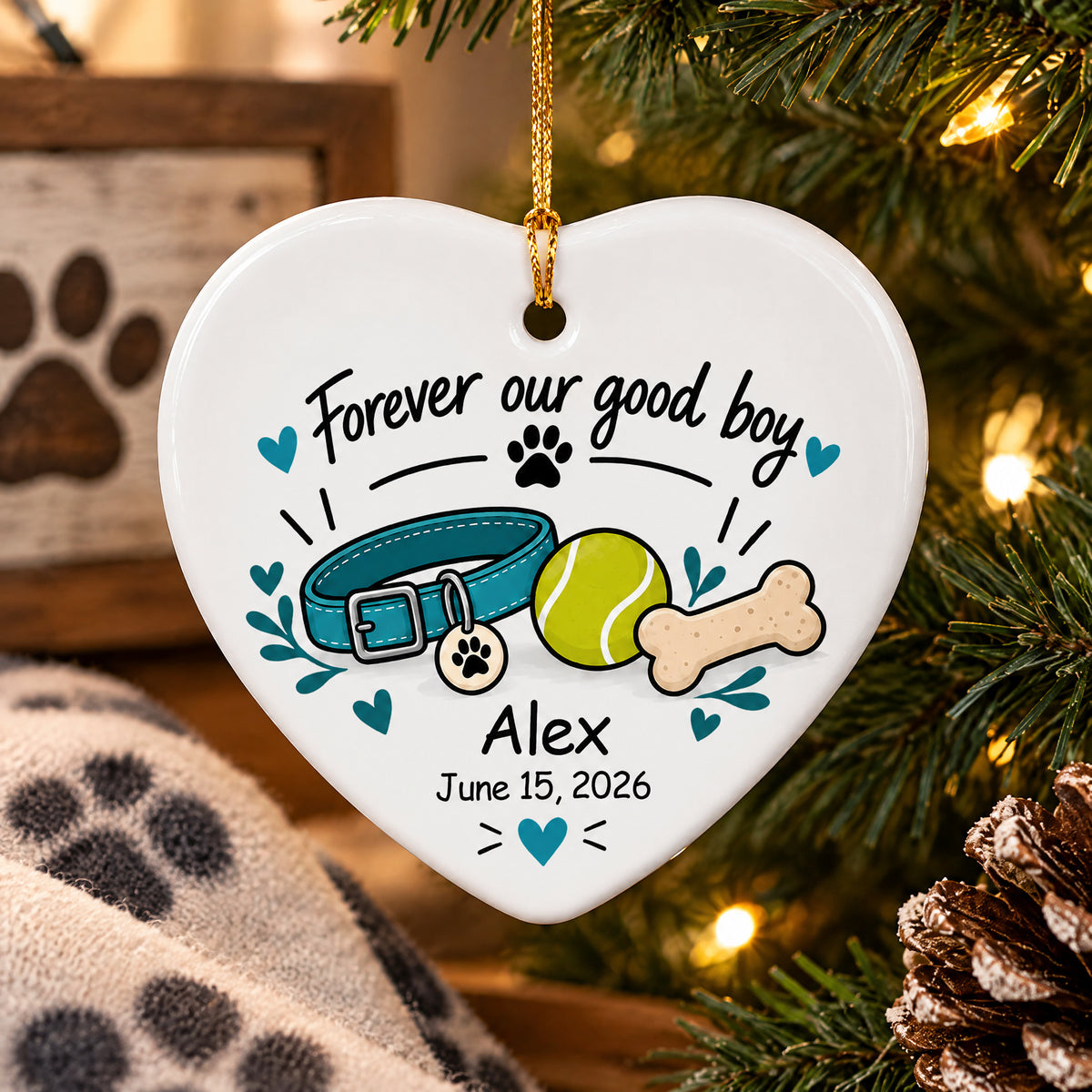 Personalized ceramic ornament Forever Our Good Boy hanging on a branch near a paw print sign and blanket