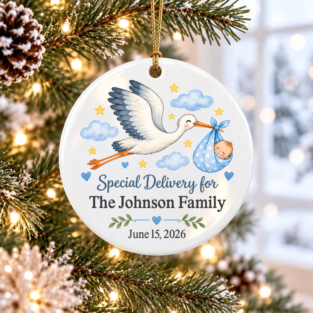 Personalized Baby Birth Announcement Ornament, Custom Name and Date Stork Ceramic Ornament, Newborn Baby Boy Gift, Baby's First Christmas Keepsake
