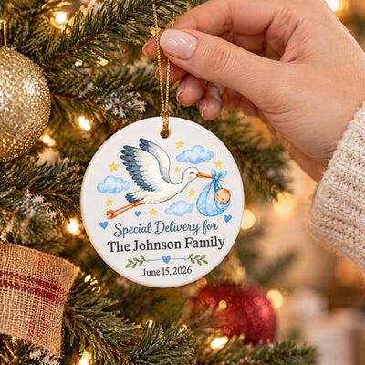 Personalized Baby Birth Announcement Ornament, Custom Name and Date Stork Ceramic Ornament, Newborn Baby Boy Gift, Baby's First Christmas Keepsake