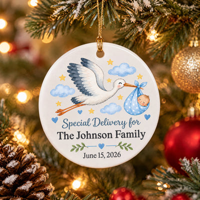 Personalized Baby Birth Announcement Ornament, Custom Name and Date Stork Ceramic Ornament, Newborn Baby Boy Gift, Baby's First Christmas Keepsake