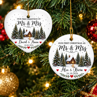 Personalized Ceramic Ornament Engaged Couple Gift heart and round versions hanging on a lit Christmas tree with red baubles