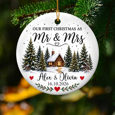Personalized Ceramic Ornament Engaged Couple Gift heart and round versions hanging on a lit Christmas tree with red baubles