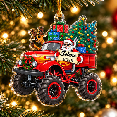 Christmas Monster Ride - Personalized Acrylic Ornament, Custom Monster Truck Christmas Ornament, Custom Name Ornament for Boys