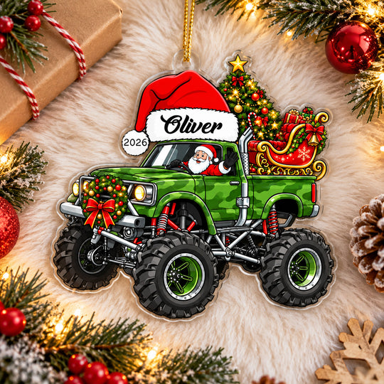 Christmas Monster Ride - Personalized Acrylic Ornament, Custom Monster Truck Christmas Ornament, Custom Name Ornament for Boys