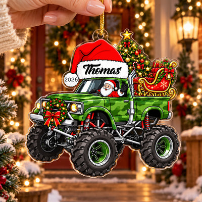 Christmas Monster Ride - Personalized Acrylic Ornament, Custom Monster Truck Christmas Ornament, Custom Name Ornament for Boys