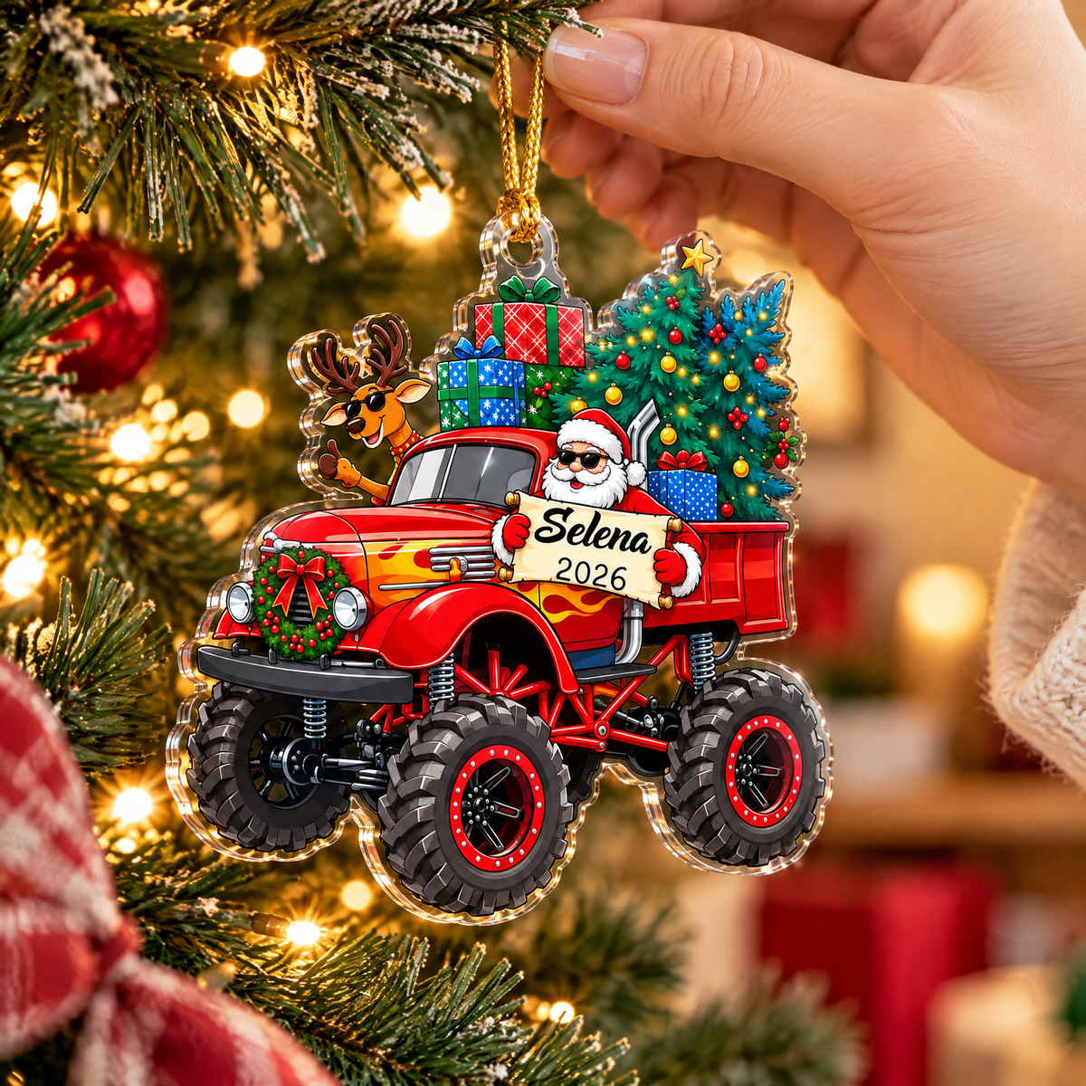 Christmas Monster Ride - Personalized Acrylic Ornament, Custom Monster Truck Christmas Ornament, Custom Name Ornament for Boys