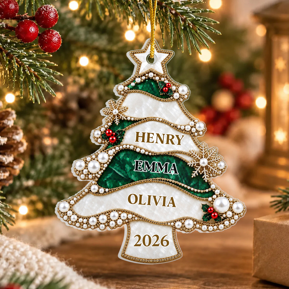 Golden Pearl Christmas Tree - Personalized Acrylic Ornament, Family Christmas Gift, Christmas Tree Decor