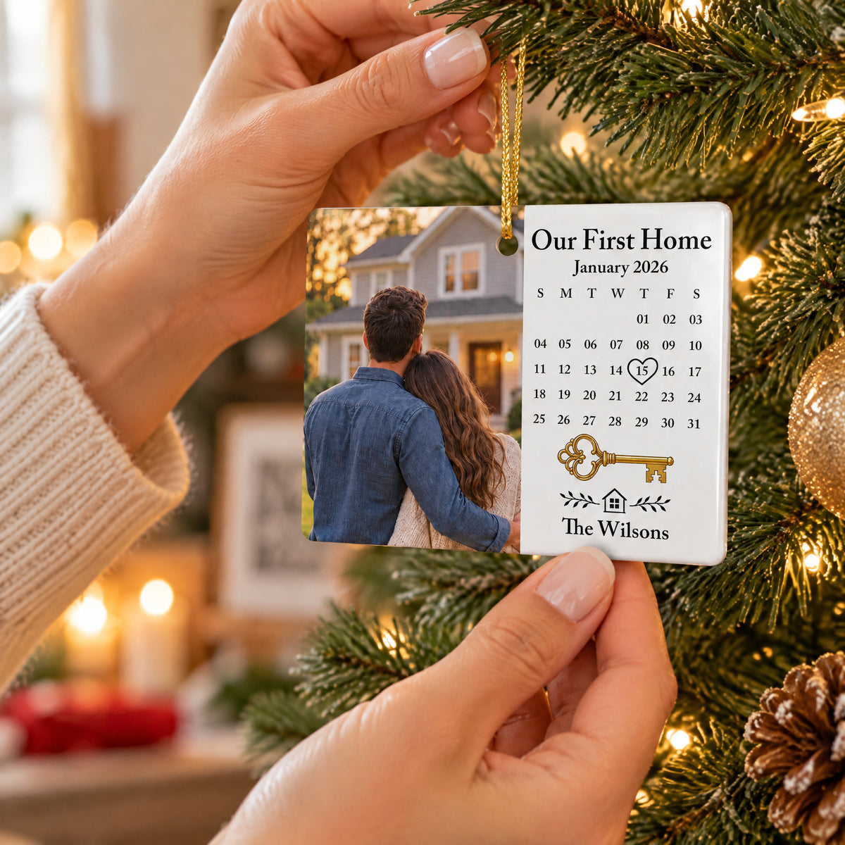 Personalized Rectangular Ceramic Ornament held in two hands by a gold cord against tree branches