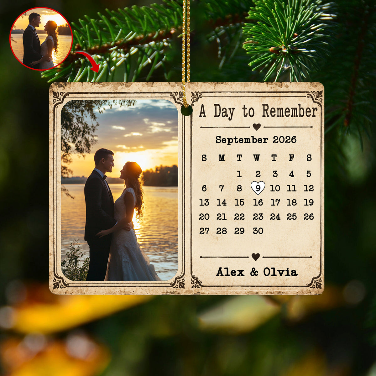 A Day To Remember-  Personalized Rectangular Ceramic Ornament , Vintage Almanac Calendar Photo Anniversary Gift