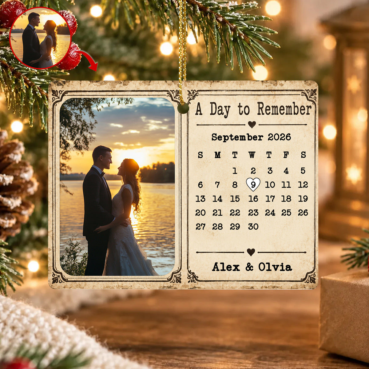 A Day To Remember-  Personalized Rectangular Ceramic Ornament , Vintage Almanac Calendar Photo Anniversary Gift