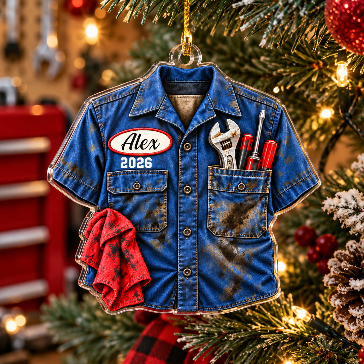 Mechanic Work Shirt Faux 3D - Personalized Acrylic Ornament, Mechanic Christmas Gift