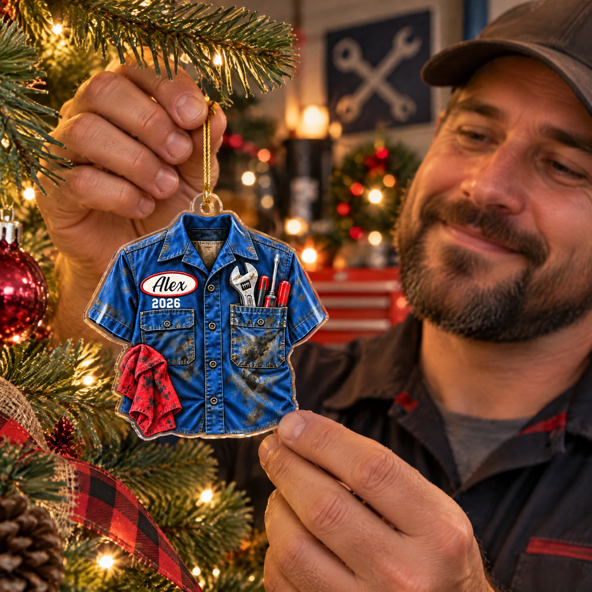 Mechanic Work Shirt Faux 3D - Personalized Acrylic Ornament, Mechanic Christmas Gift