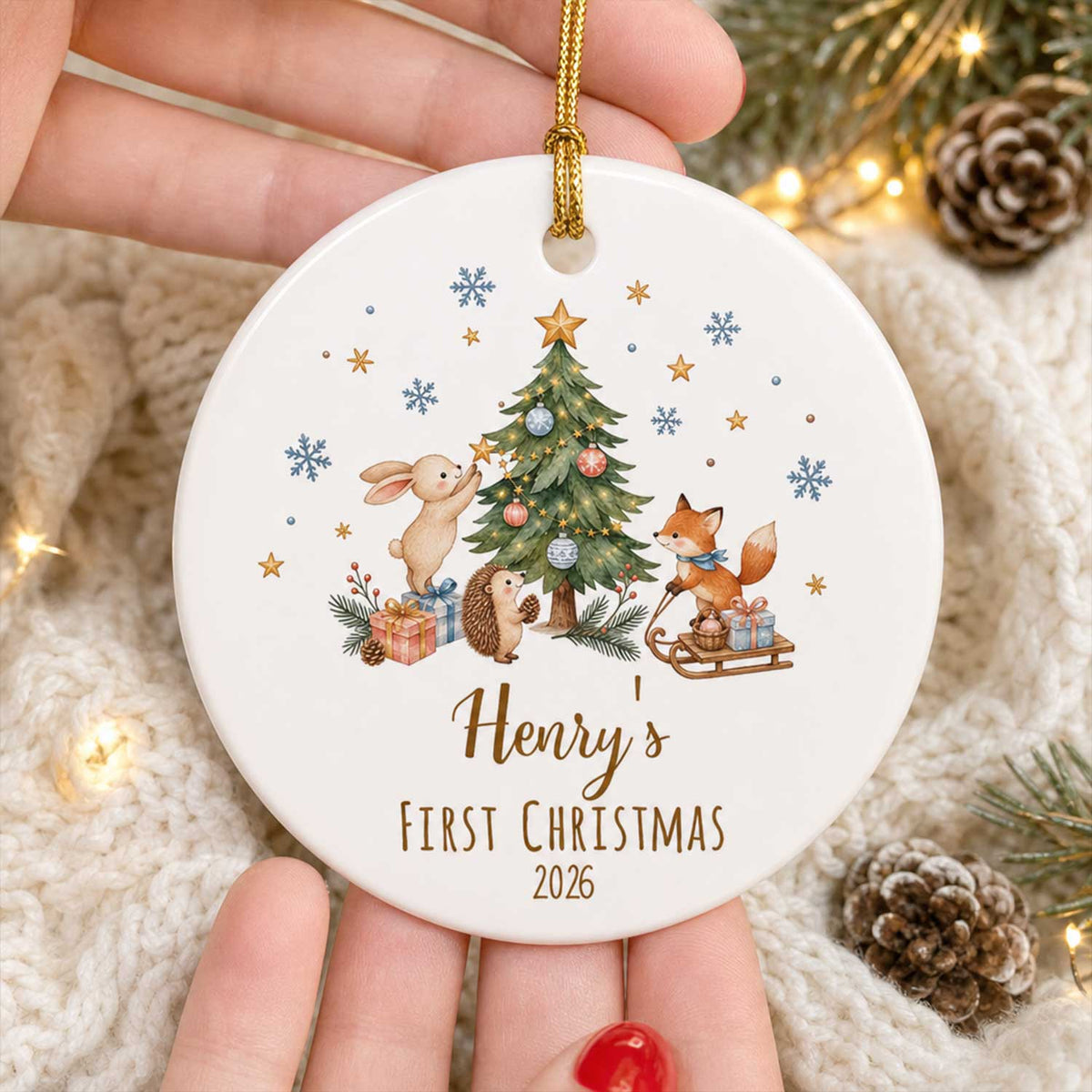 Baby’s First Christmas- Personalized  Ceramic Ornament 2026, Woodland Animal Keepsake