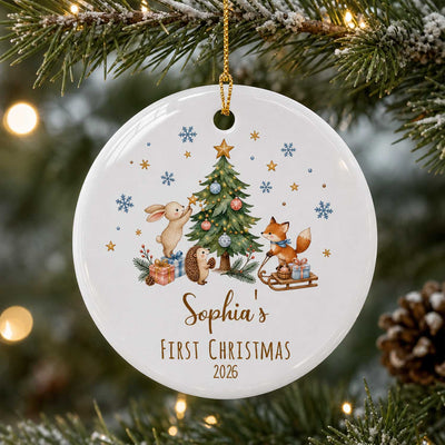 Baby’s First Christmas- Personalized  Ceramic Ornament 2026, Woodland Animal Keepsake